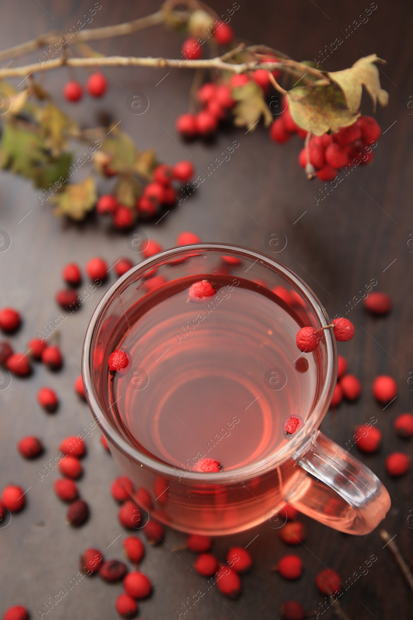 Photo of Cup with hawthorn tea and berries on wooden table, above view