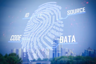 Image of Fingerprint identification. Beautiful view of cityscape with modern buildings