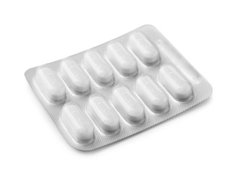 Photo of Calcium supplement pills in blister pack on white background