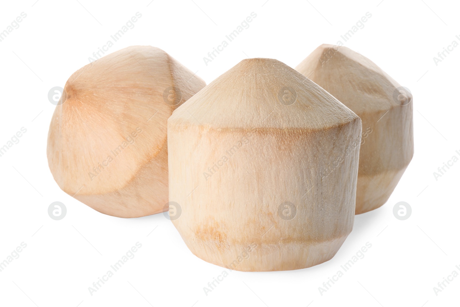 Photo of Fresh young peeled coconuts on white background