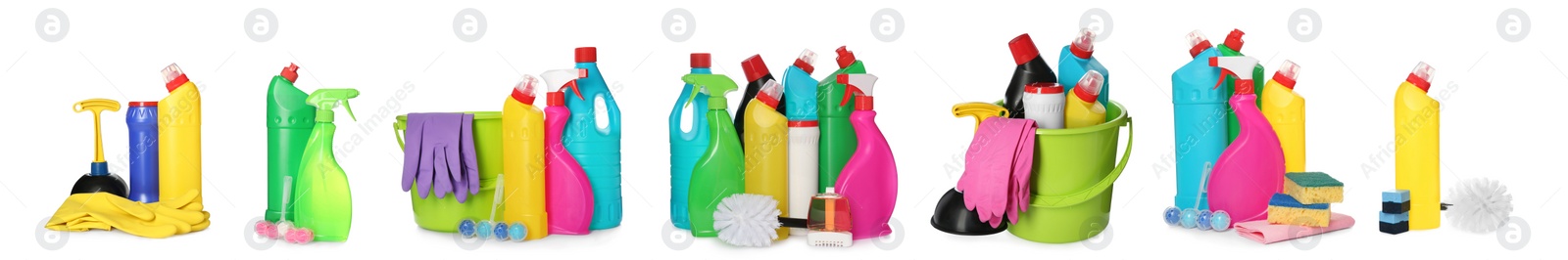 Image of Set with different toilet cleaning tools on white background. Banner design