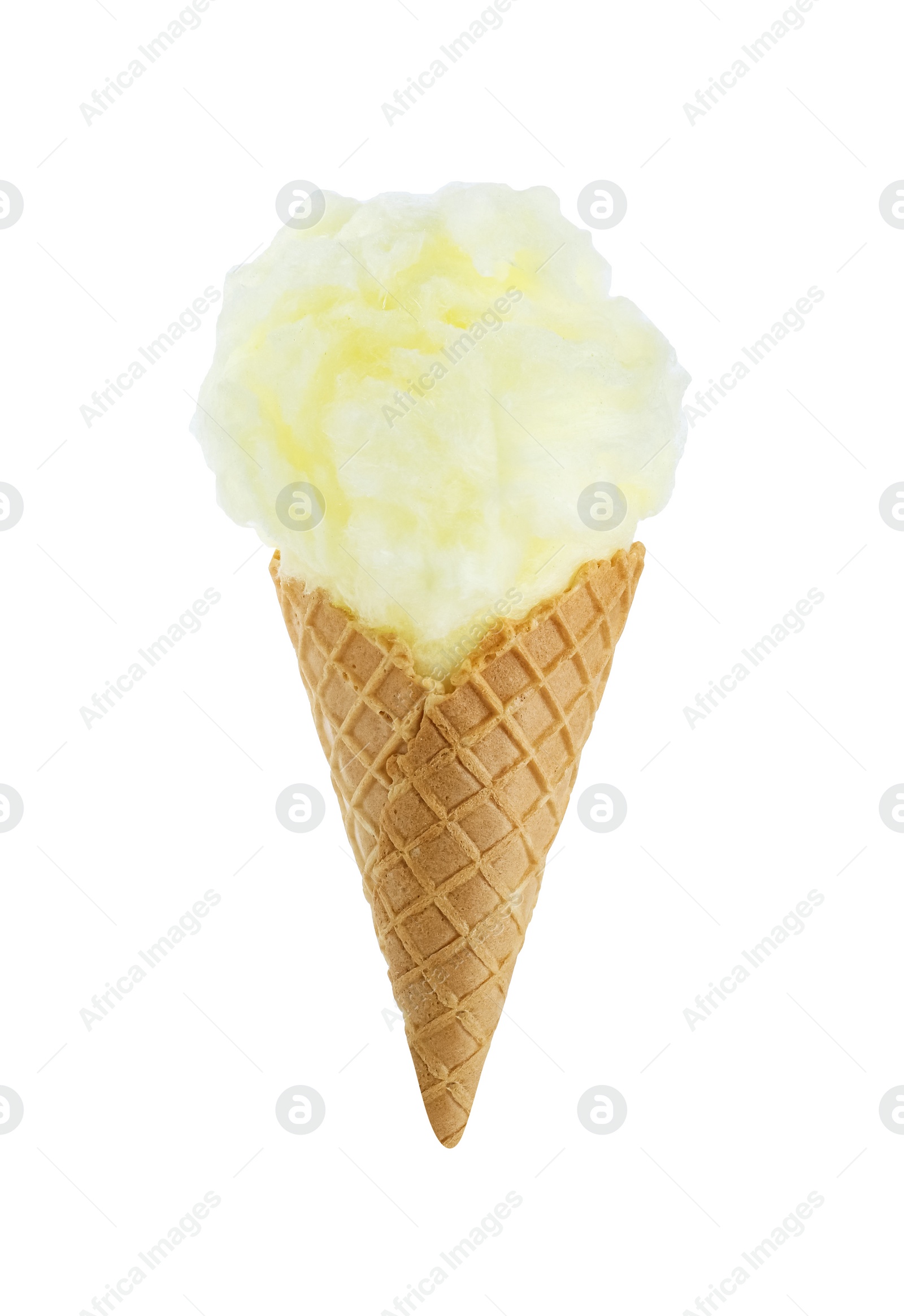 Photo of Sweet cotton candy in waffle cone isolated on white