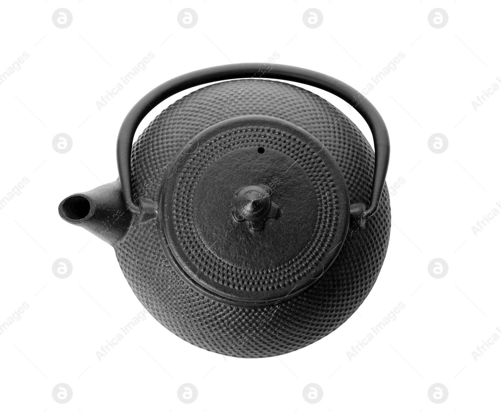 Photo of Black teapot isolated on white, top view