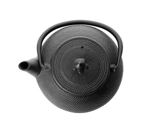 Photo of Black teapot isolated on white, top view