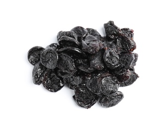 Photo of Heap of tasty prunes on white background. Dried fruit as healthy snack