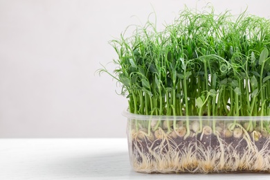 Photo of Fresh organic microgreen on white table. Space for text