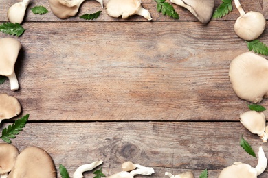 Photo of Frame made of oyster mushrooms on wooden background, flat lay with space for text
