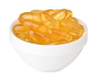 Photo of Yellow vitamin capsules in bowl isolated on white