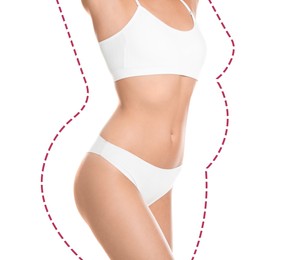 Image of Slim woman in underwear after weight loss on white background. Healthy diet