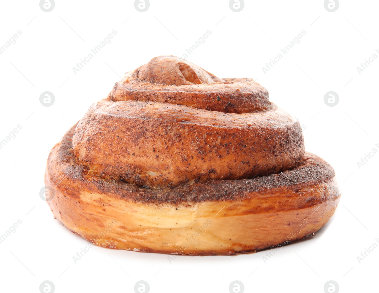 Photo of Freshly baked cinnamon roll on white background