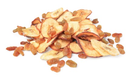 Photo of Tasty dried apples and raisins on white background
