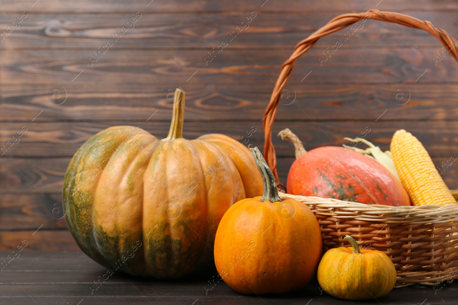 Photo of Happy Thanksgiving day. Beautiful composition with pumpkins on wooden table