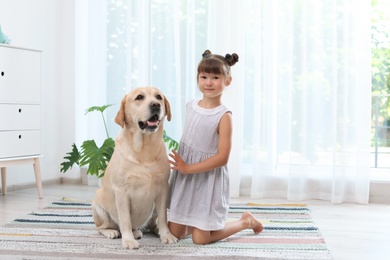 Photo of Adorable yellow labrador retriever and little girl at home