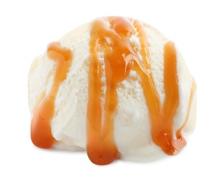 Photo of Scoop of delicious ice cream with caramel sauce on white background