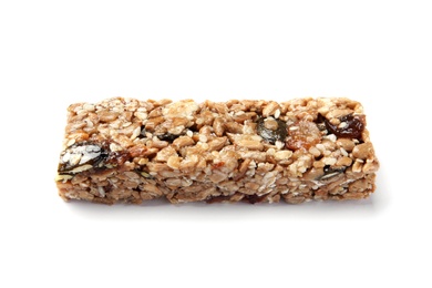 Photo of Grain cereal bar on white background. Healthy snack