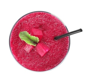 Photo of Glass of fresh beet juice on white background