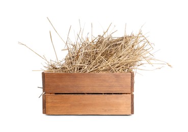 Photo of Dried straw in wooden crate isolated on white