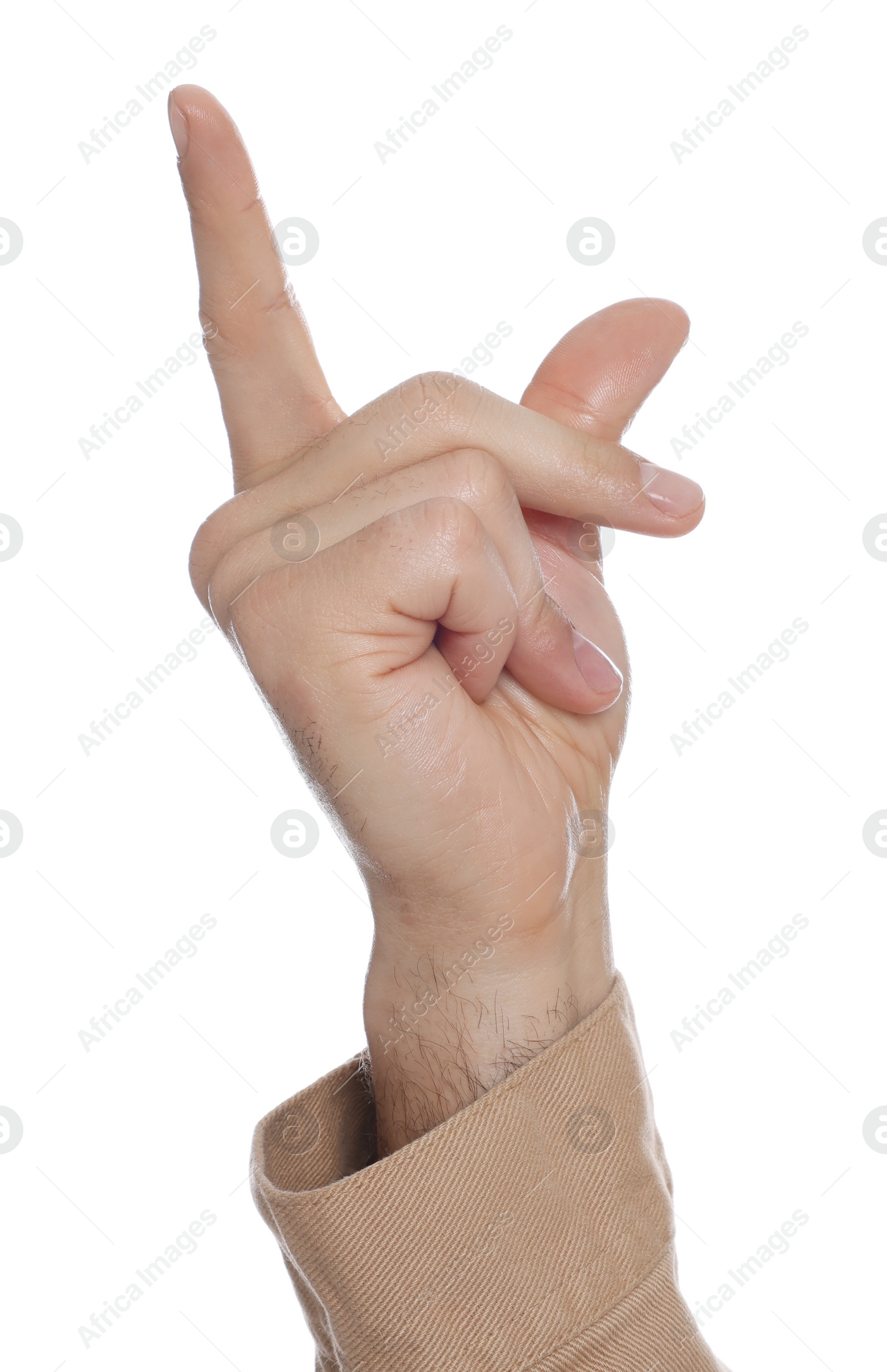 Photo of Man snapping fingers on white background, closeup of hand
