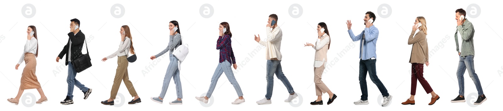 Image of Collage with photos of people wearing stylish outfit walking on white background. Banner design