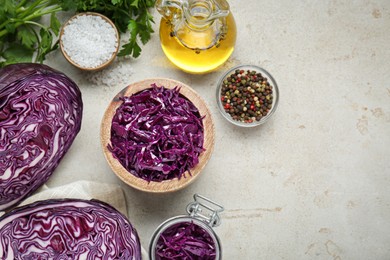 Photo of Tasty red cabbage sauerkraut and different ingredients on table, flat lay. Space for text