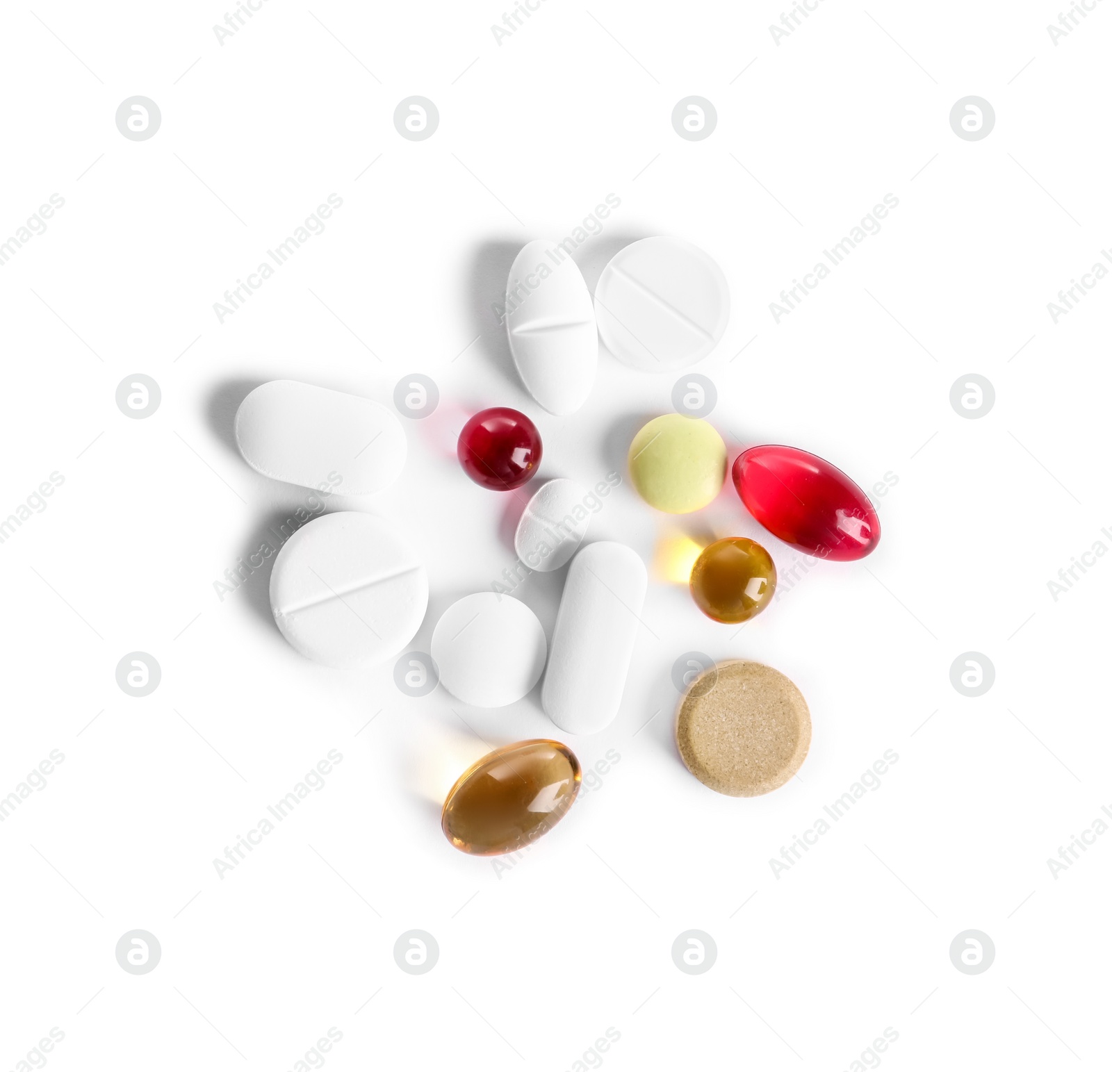 Photo of Many different pills isolated on white, top view