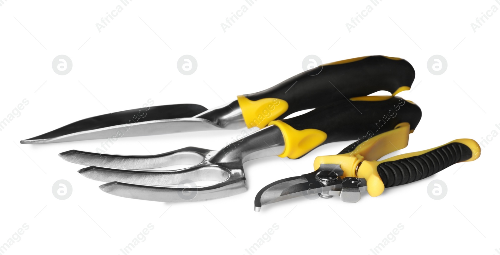 Photo of Trowel, pruning shears and pitchfork on white background. Gardening tools