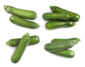 Image of Set of fresh ripe zucchinis on white background, top view