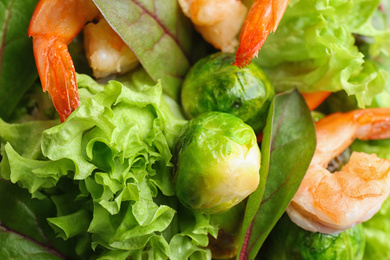 Photo of Tasty salad with Brussels sprouts, closeup view