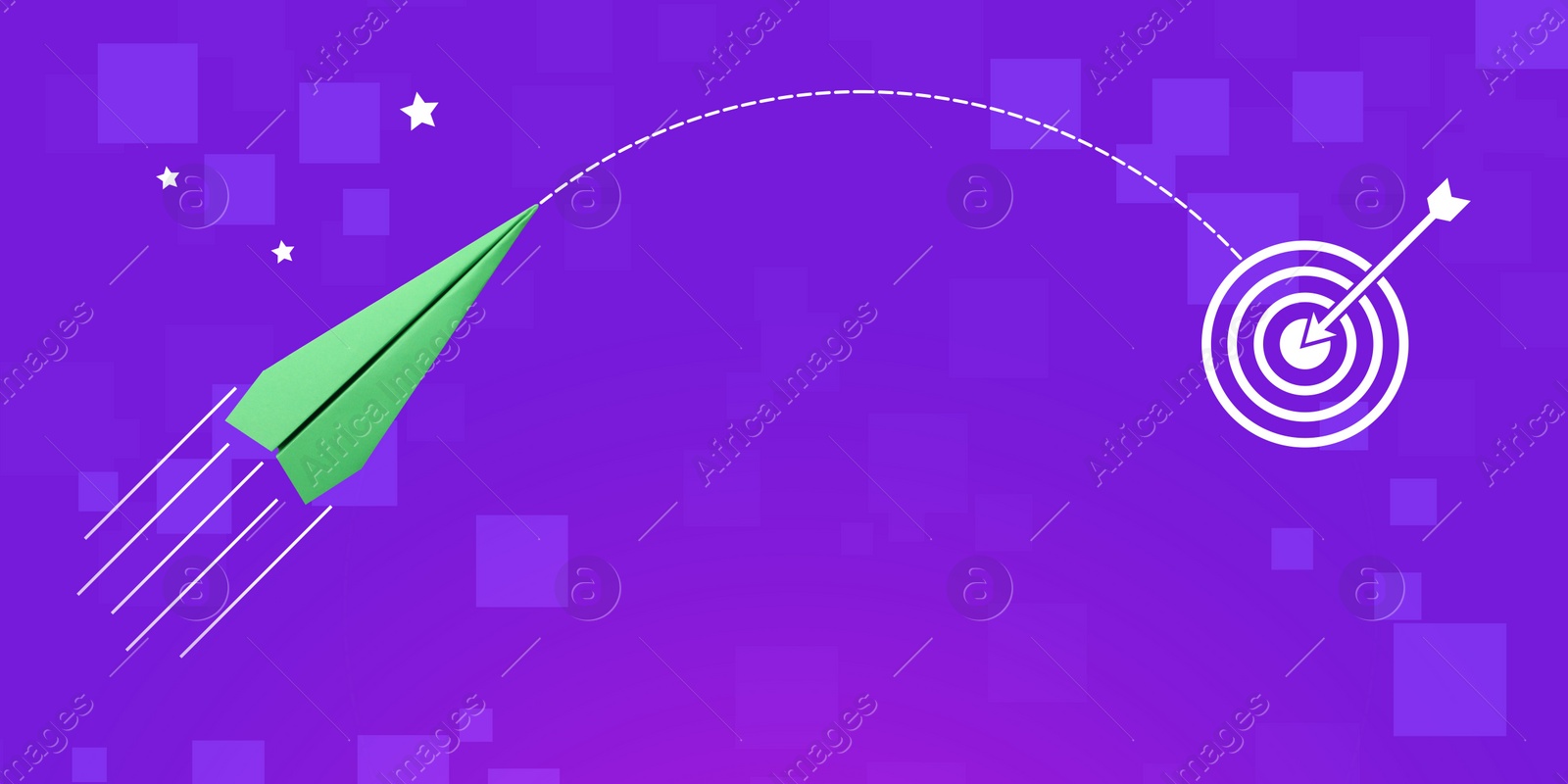 Image of Target achievement. Paper plane heading to dartboard on purple background, banner design