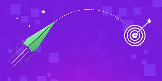 Image of Target achievement. Paper plane heading to dartboard on purple background, banner design