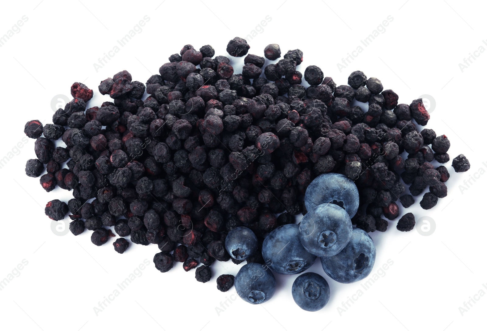 Photo of Sweet sublimated and fresh blueberries on white background