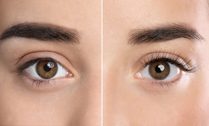 Image of Collage with photos of young woman before and after eyelash extension procedure, closeup