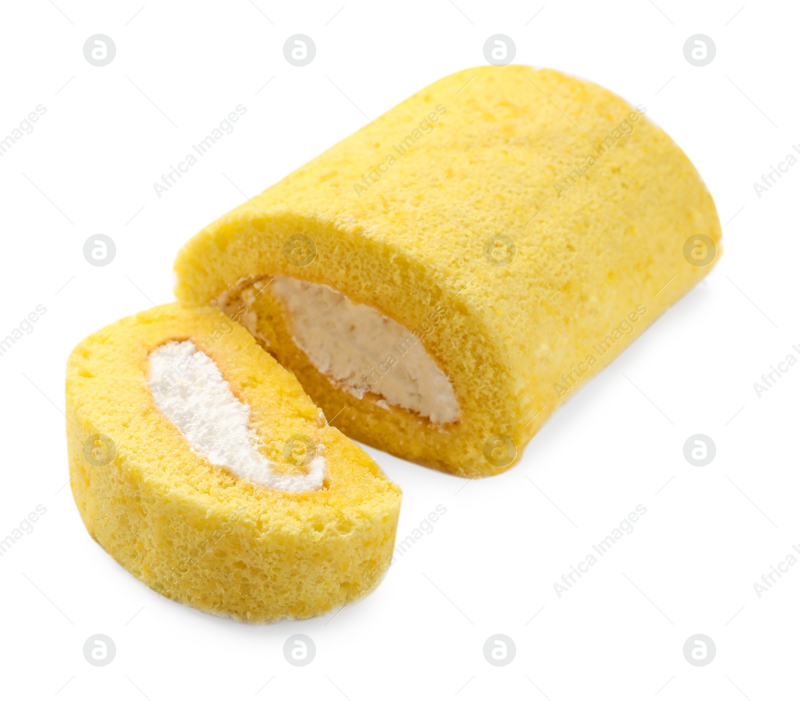 Photo of Delicious cake roll with cream filling isolated on white