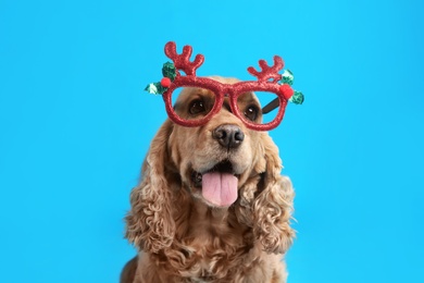Photo of Adorable Cocker Spaniel dog in party glasses on light blue background