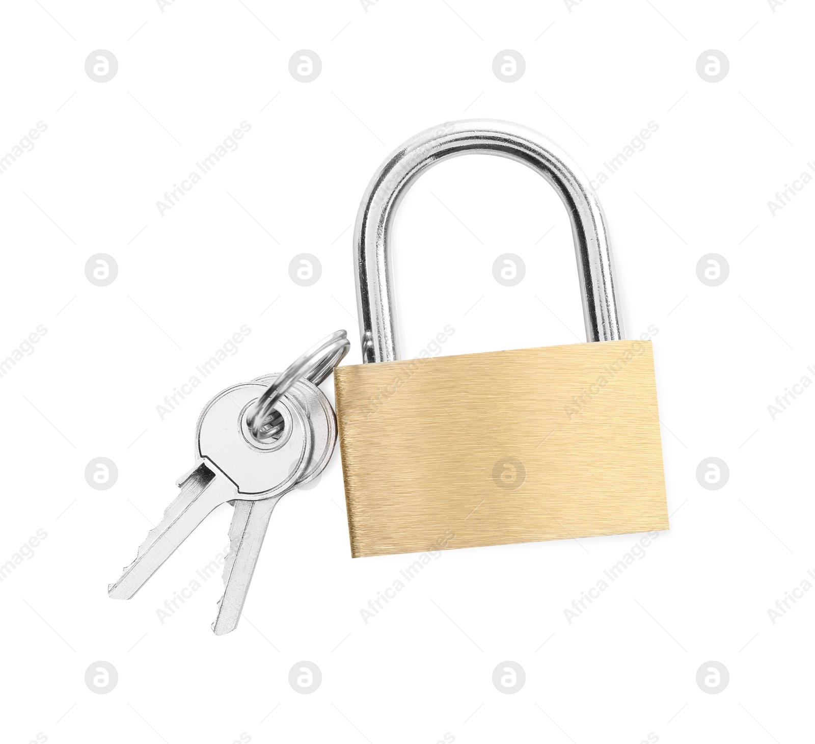 Photo of Steel padlock and keys isolated on white, top view