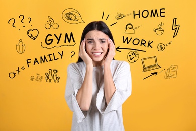 Stressed young woman, text and drawings on yellow background