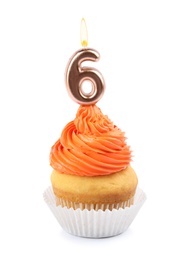 Birthday cupcake with number six candle on white background