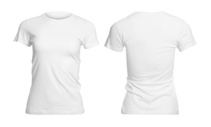 Image of T-shirt with space for design isolated on white. Back and front views