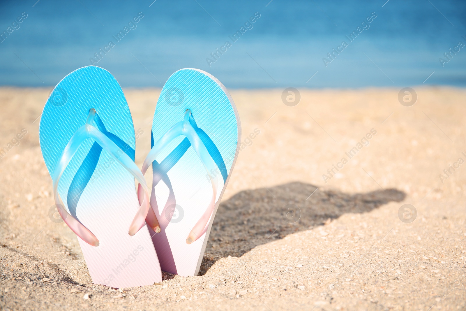 Photo of Flip-flops in sand on beach. Space for text