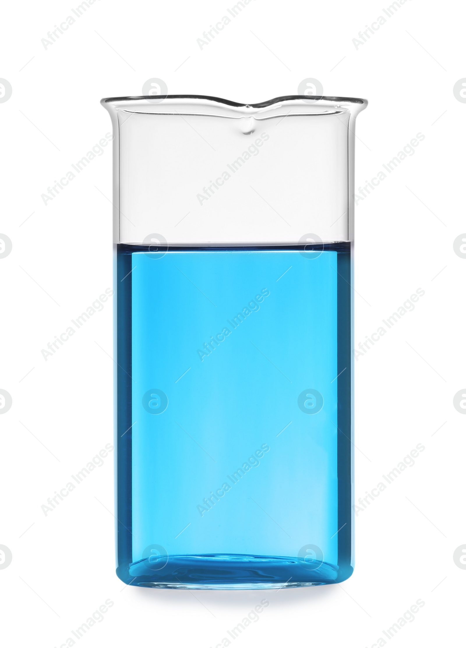 Photo of Glass beaker with liquid on white background. Solution chemistry