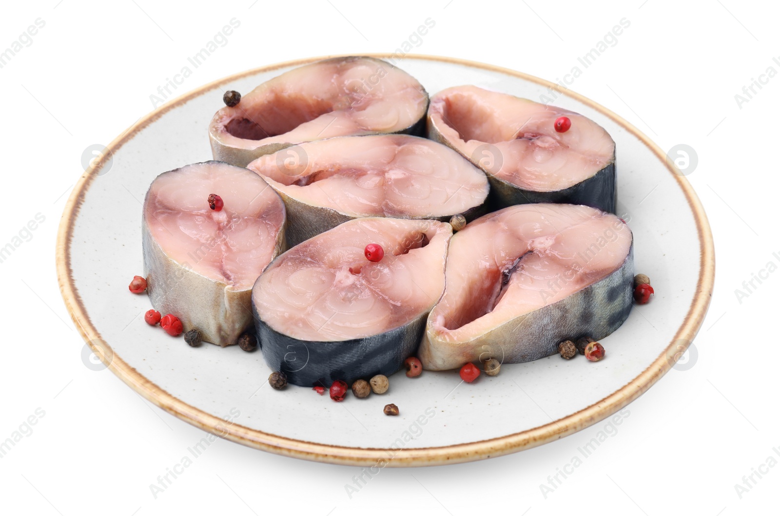 Photo of Pieces of mackerel fish with spices on white background