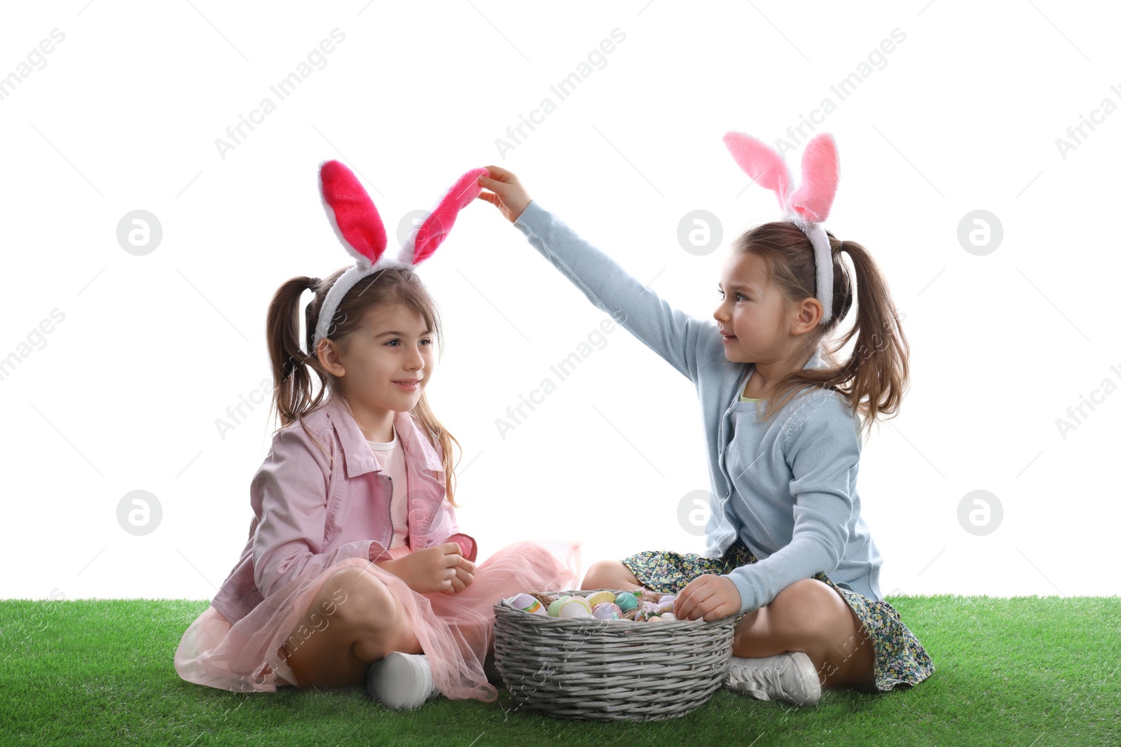Photo of Adorable little girls with bunny ears and wicker basket full of Easter eggs on green grass against white background