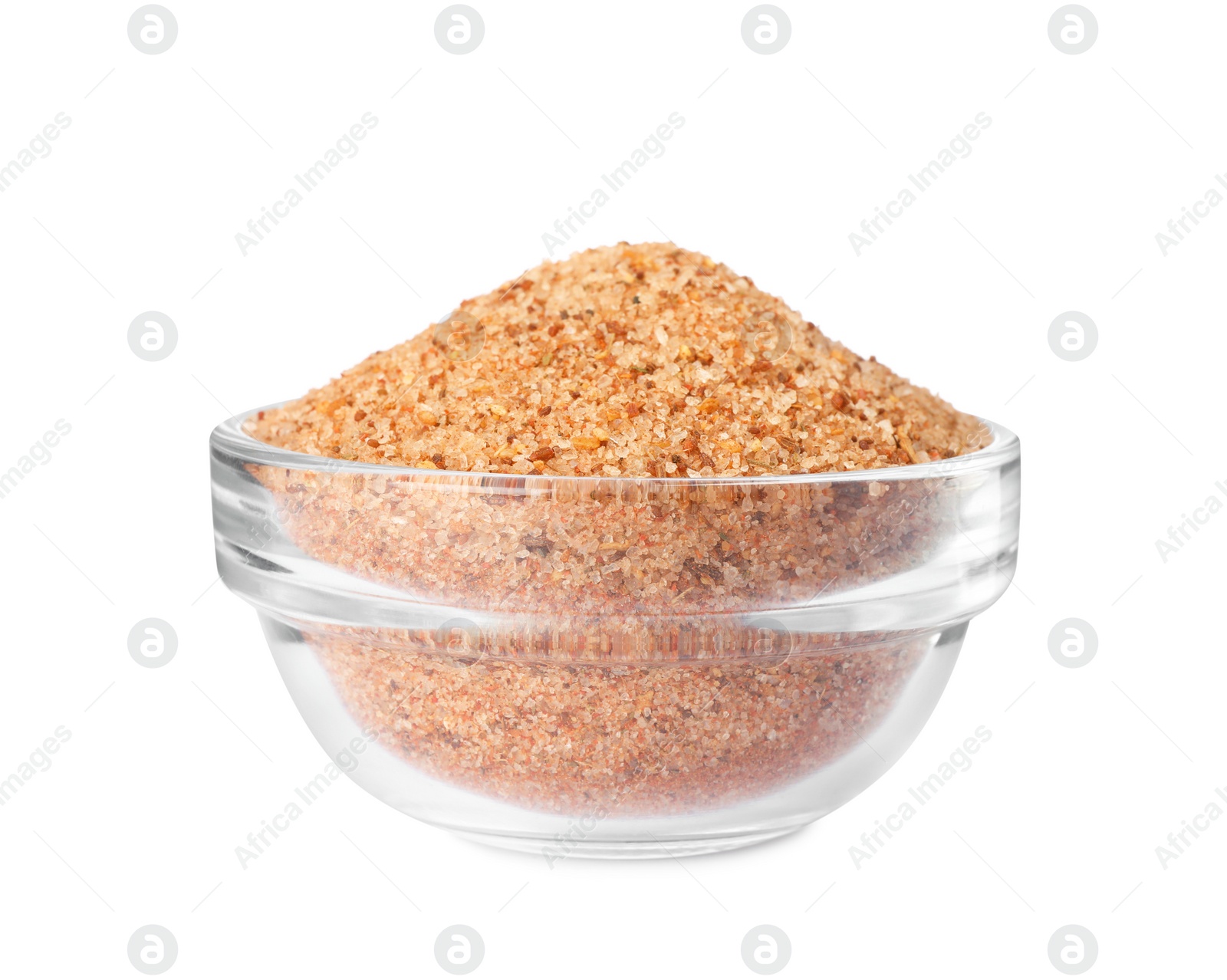 Photo of Pink salt with spices in glass bowl isolated on white
