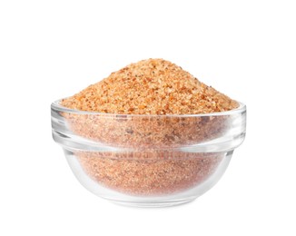 Pink salt with spices in glass bowl isolated on white