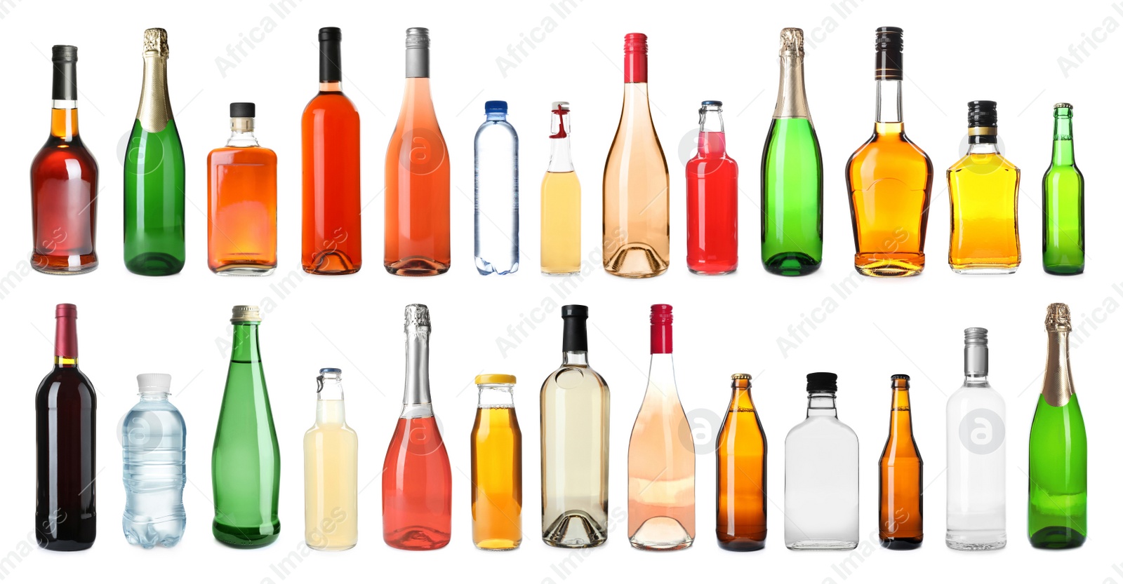 Image of Set of bottles with different liquids on white background. Banner design