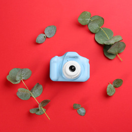 Toy camera and eucalyptus on red background, top view