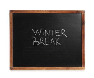 Photo of Blackboard with text Winter Break isolated on white. School holidays