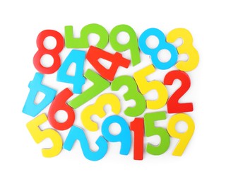 Photo of Colorful numbers on white background, top view