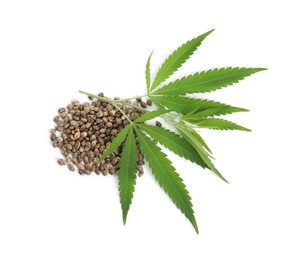 Photo of Pile of hemp seeds and leaves on white background, top view