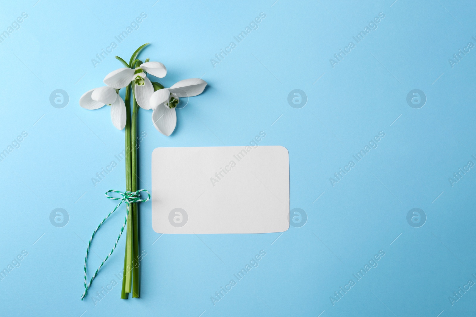 Photo of Beautiful snowdrops and paper card on light blue background, flat lay. Space for text